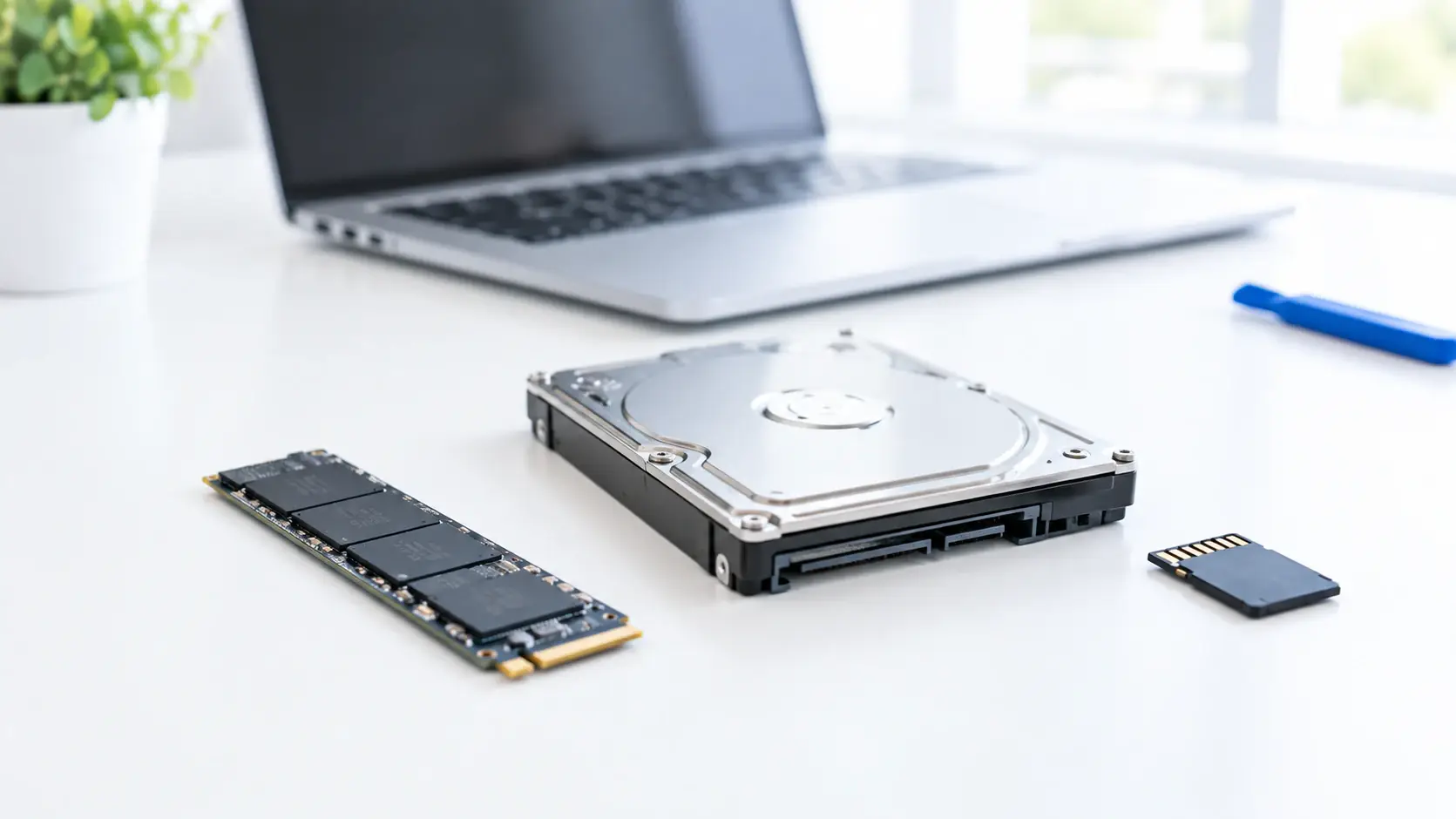 Datenrettung: SSD, Festplatte und Speicherkarte für die Datenrettung auf einem hellen Tisch