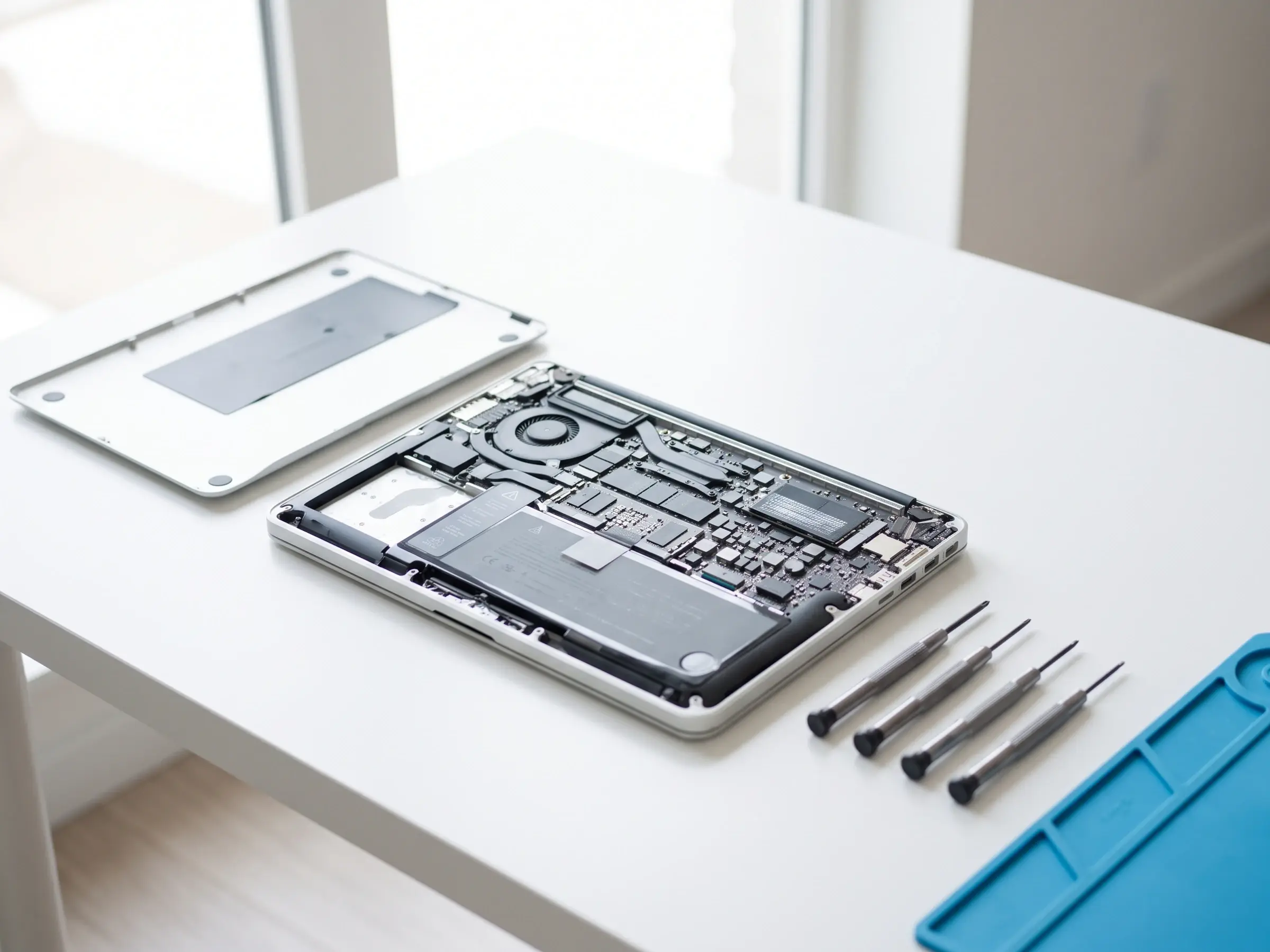 Geöffneter Laptop auf einer hellen Werkbank mit Präzisionswerkzeug – Laptop-Reparatur bei Techrepair in Wien