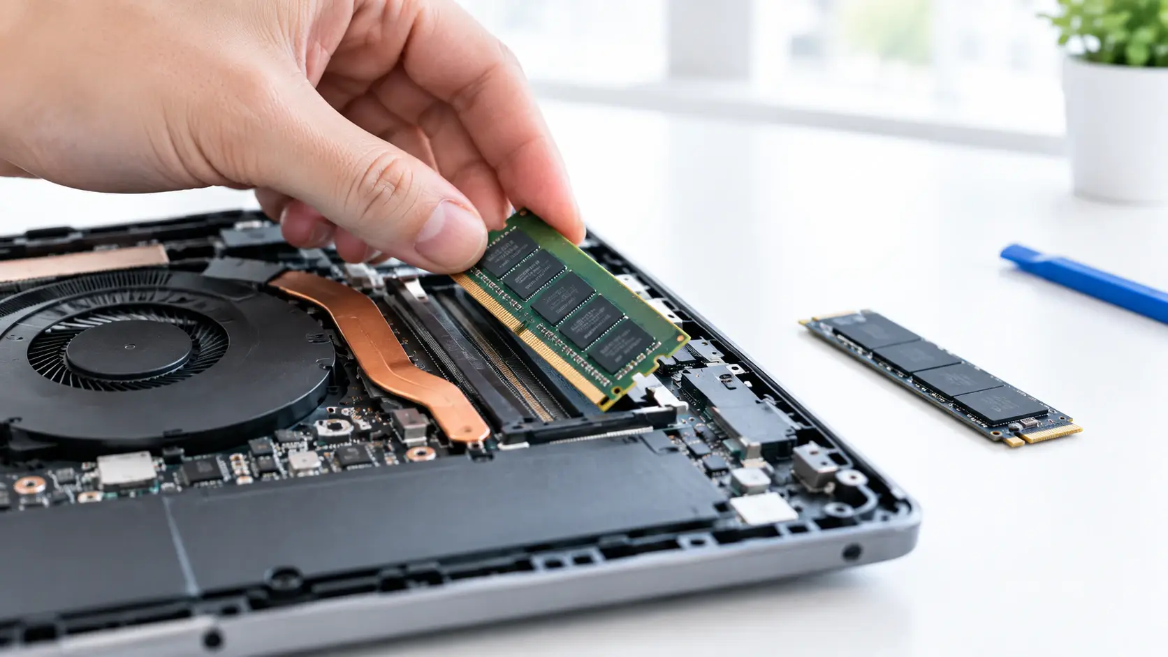 RAM- & SSD-Upgrade: Arbeitsspeicher-Modul und NVMe-SSD werden in einen Laptop eingebaut